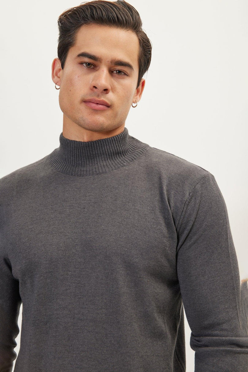 Men's Cotton Relaxed Mock-Neck Sweater - Anthracite | Ron Tomson