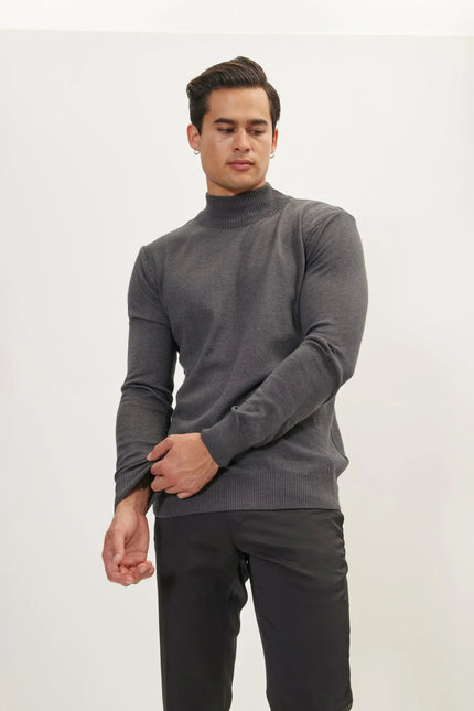 Men's Cotton Relaxed Mock-Neck Sweater - Anthracite | Ron Tomson