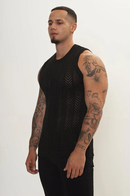 Men's Mesh Muscle Fit Tank Top - Black | Ron Tomson