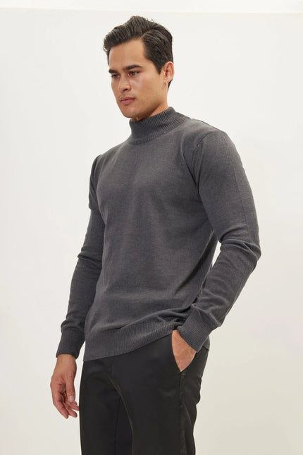 Men's Cotton Relaxed Mock-Neck Sweater - Anthracite | Ron Tomson