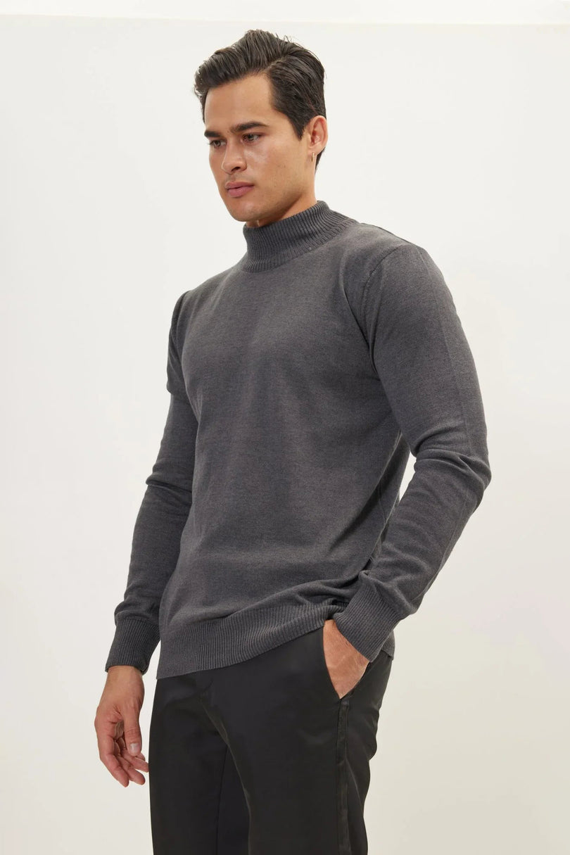 Men's Cotton Relaxed Mock-Neck Sweater - Anthracite | Ron Tomson
