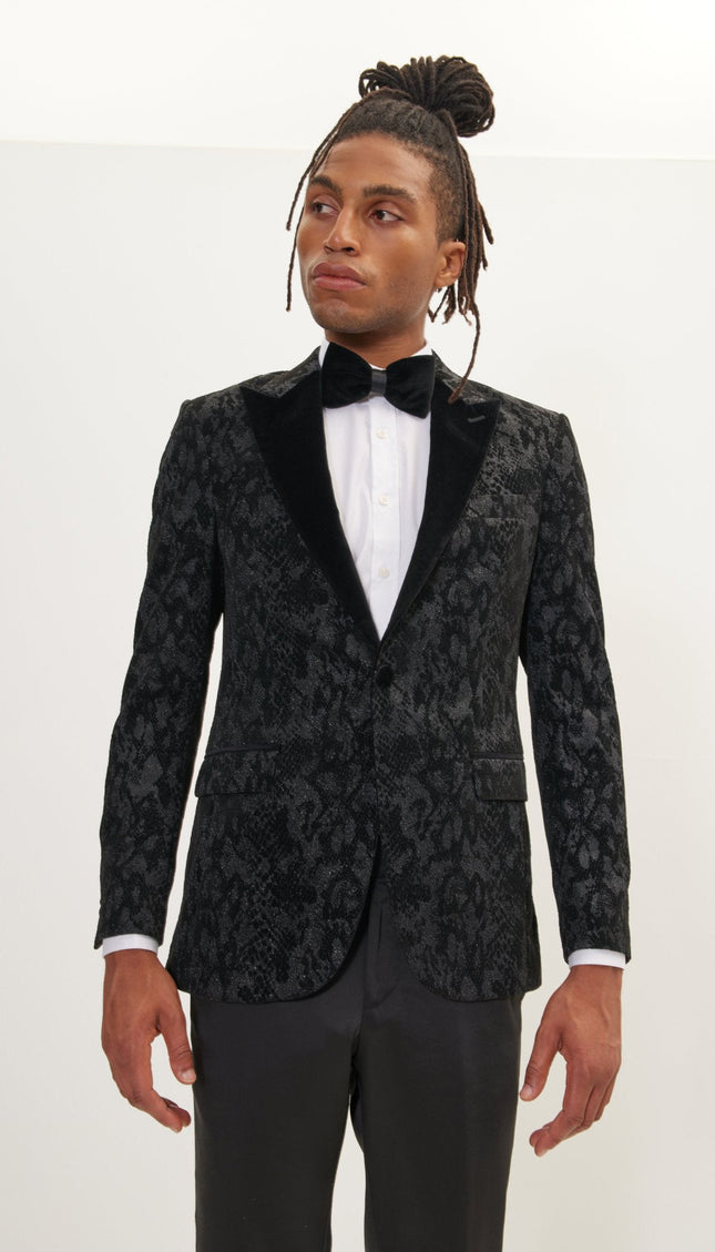 Metallic Velvet Flocking Tuxedo Jacket - Black