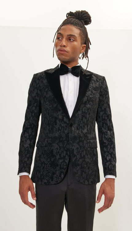 Metallic Velvet Flocking Tuxedo Jacket - Black