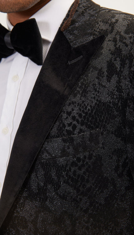 Metallic Velvet Flocking Tuxedo Jacket - Black