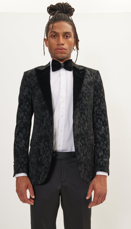Metallic Velvet Flocking Tuxedo Jacket - Black