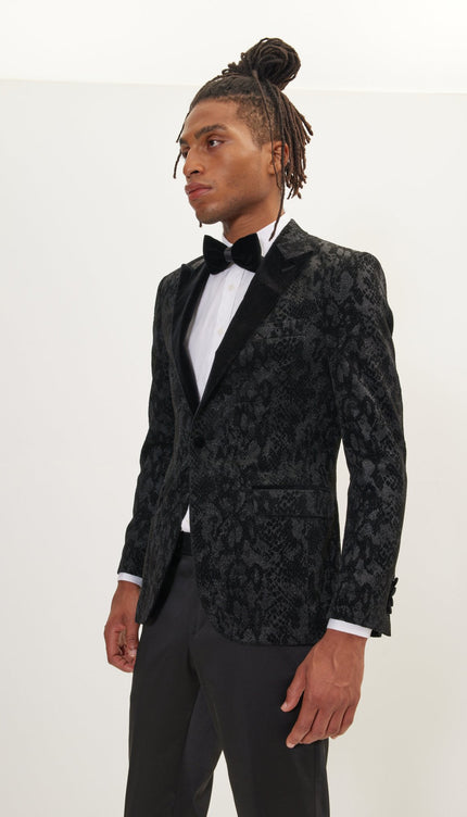 Metallic Velvet Flocking Tuxedo Jacket - Black