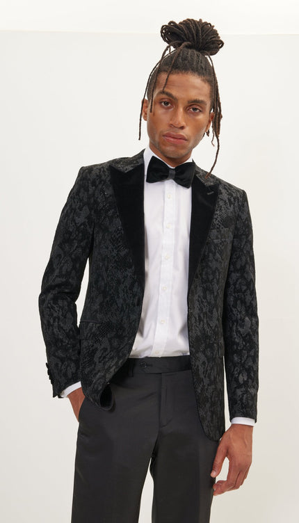 Metallic Velvet Flocking Tuxedo Jacket - Black