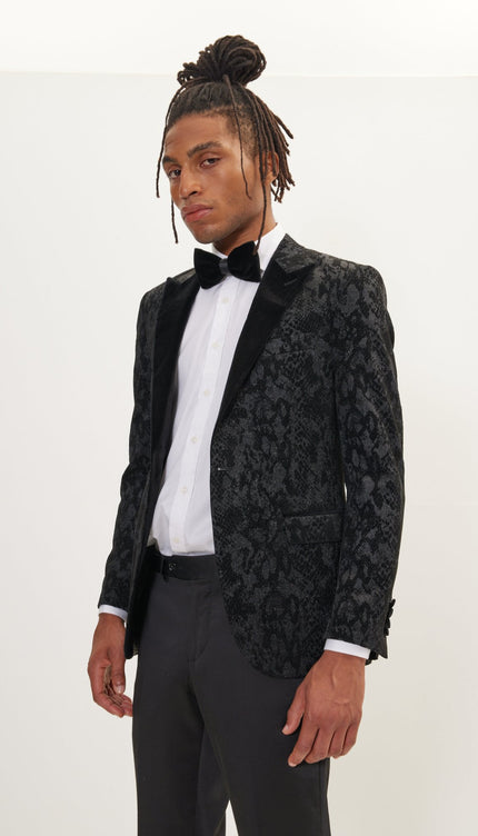Metallic Velvet Flocking Tuxedo Jacket - Black