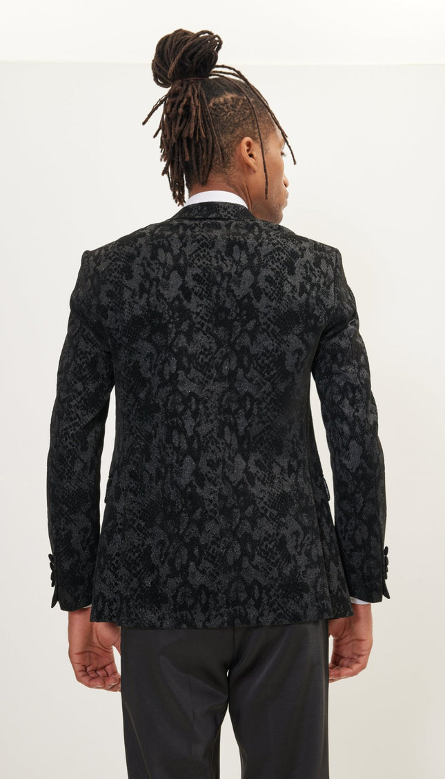 Metallic Velvet Flocking Tuxedo Jacket - Black