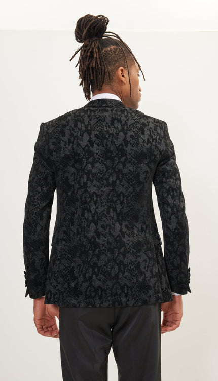 Metallic Velvet Flocking Tuxedo Jacket - Black