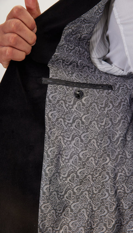 Metallic Velvet Flocking Tuxedo Jacket - Black
