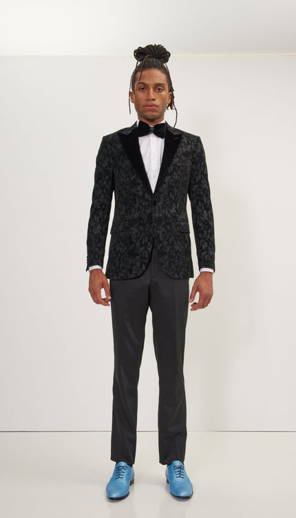Metallic Velvet Flocking Tuxedo Jacket - Black