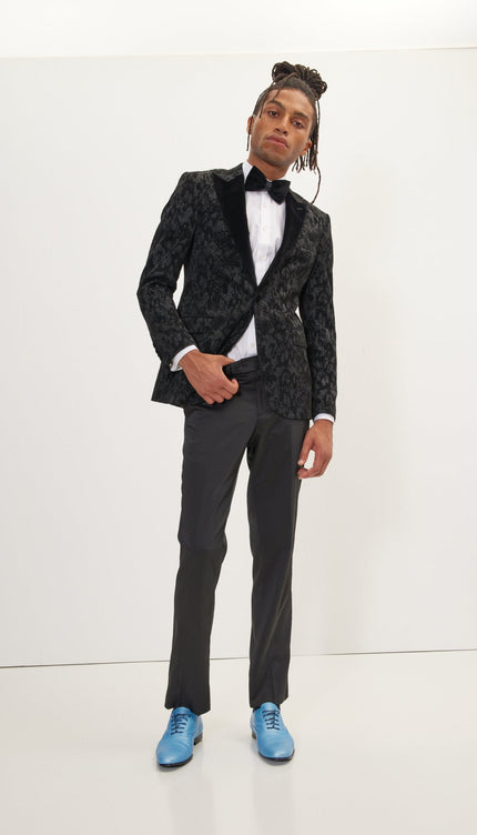 Metallic Velvet Flocking Tuxedo Jacket - Black