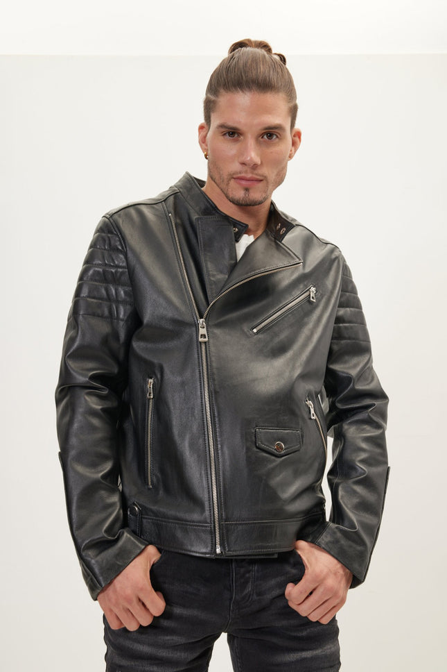 Men's Calf Leather Motorcycle Jacket - Black | Ron Tomson