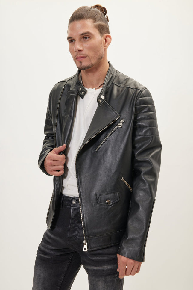 Men's Calf Leather Motorcycle Jacket - Black | Ron Tomson