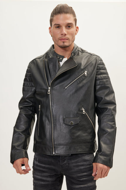 Men's Calf Leather Motorcycle Jacket - Black | Ron Tomson