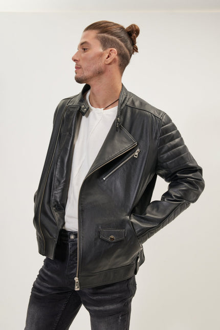 Men's Calf Leather Motorcycle Jacket - Black | Ron Tomson