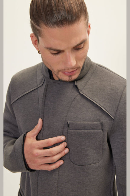 Men's Mandarin Collar Bomber Jacket - Anthracite | Ron Tomson