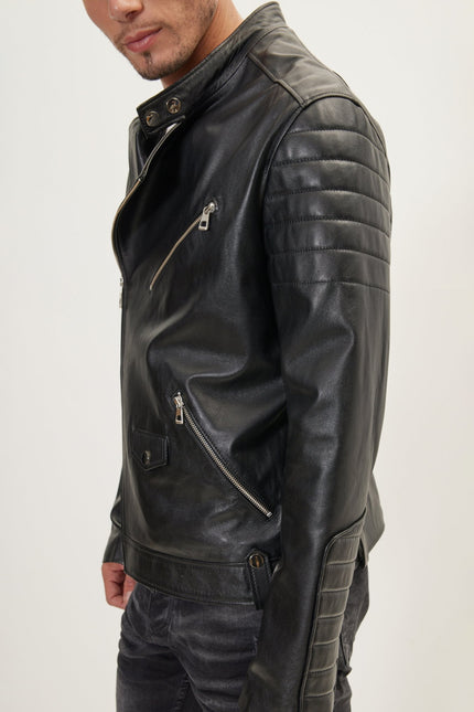 Men's Calf Leather Motorcycle Jacket - Black | Ron Tomson