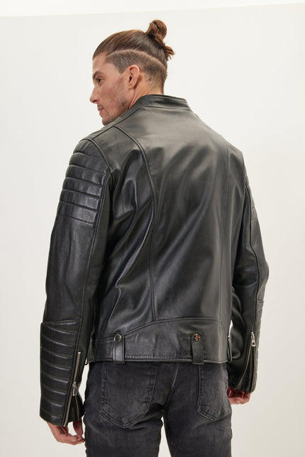 Men's Calf Leather Motorcycle Jacket - Black | Ron Tomson