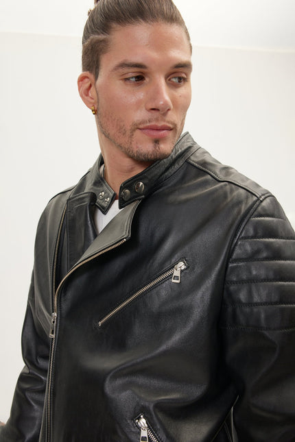 Men's Calf Leather Motorcycle Jacket - Black | Ron Tomson