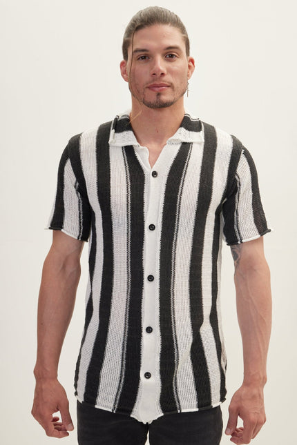 Men's Openwork Stripe Knitted Polo - Anthracite | Ron Tomson