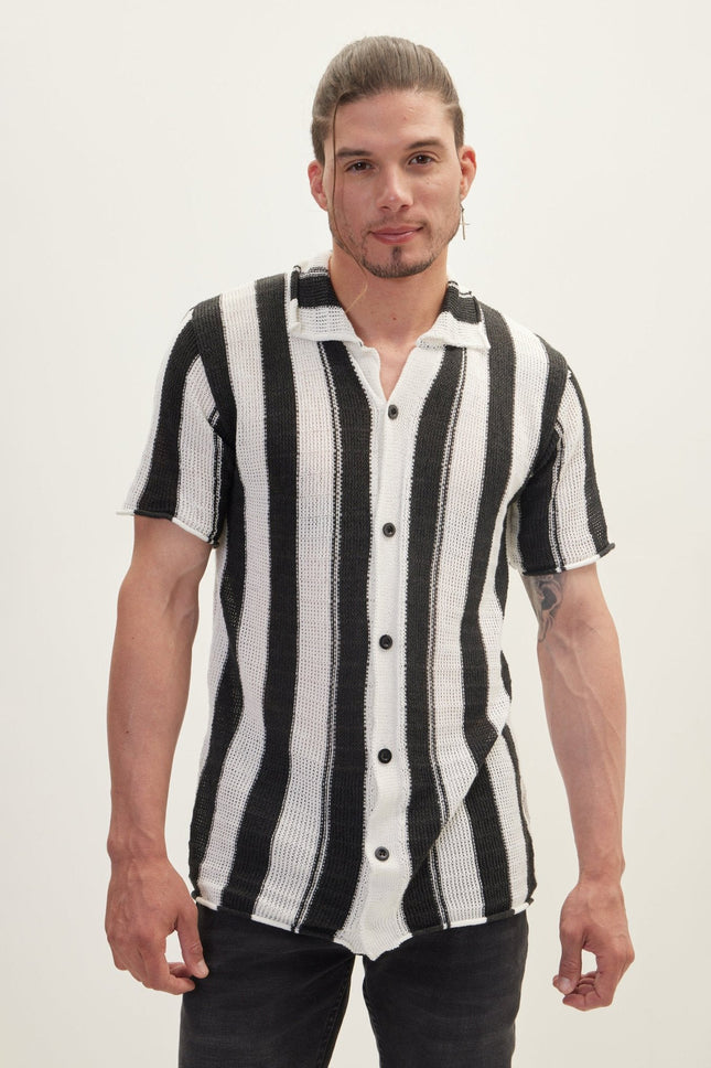 Men's Openwork Stripe Knitted Polo - Anthracite | Ron Tomson