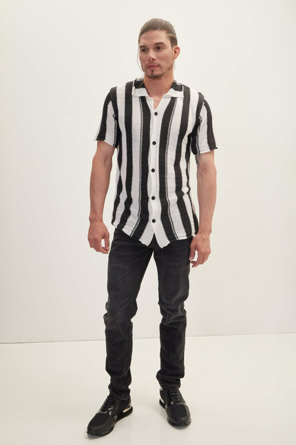Men's Openwork Stripe Knitted Polo - Anthracite | Ron Tomson