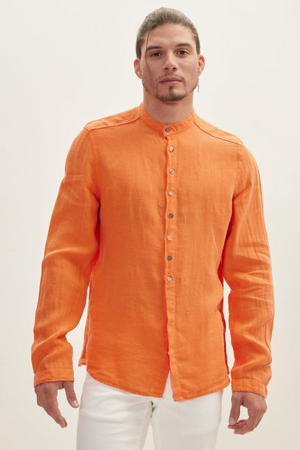 Men's Mandarin Collar Half-Placket Linen Shirt - Orange | Ron Tomson