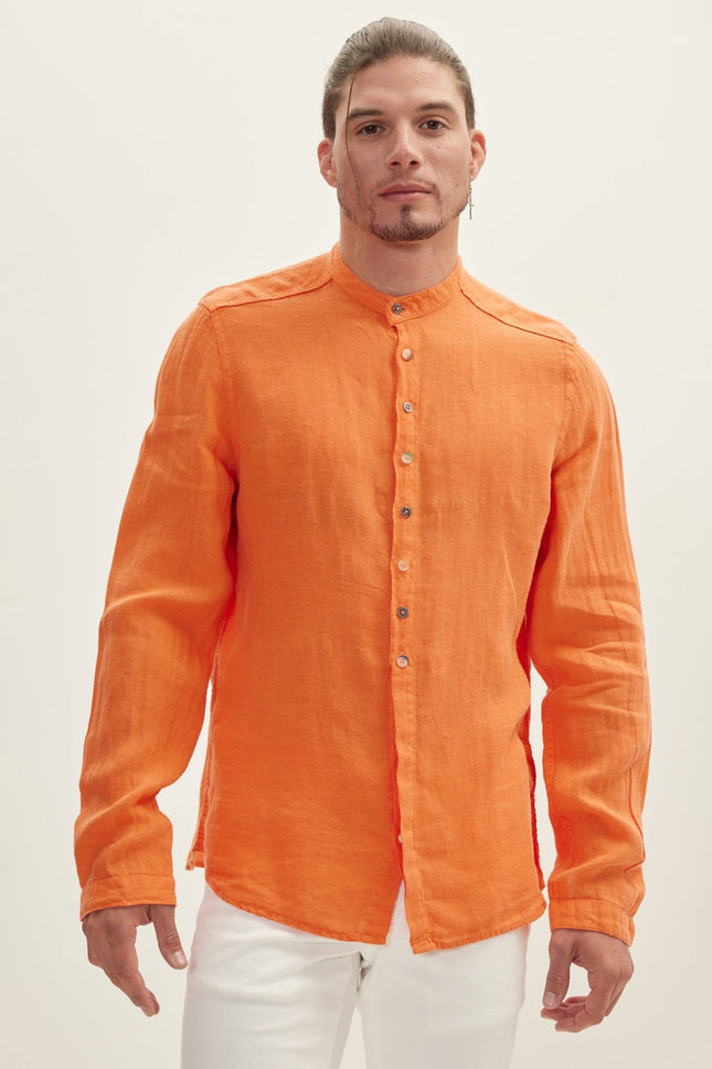 Men's Mandarin Collar Half-Placket Linen Shirt - Orange | Ron Tomson