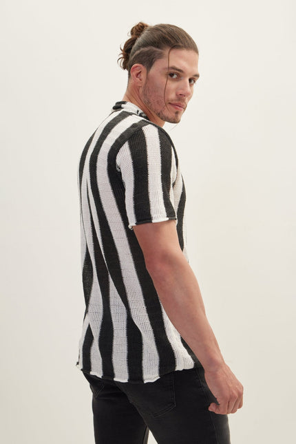 Men's Openwork Stripe Knitted Polo - Anthracite | Ron Tomson