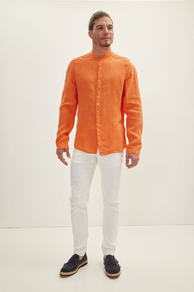 Men's Mandarin Collar Half-Placket Linen Shirt - Orange | Ron Tomson