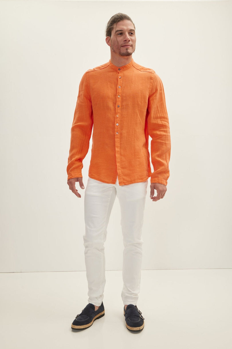 Men's Mandarin Collar Half-Placket Linen Shirt - Orange | Ron Tomson