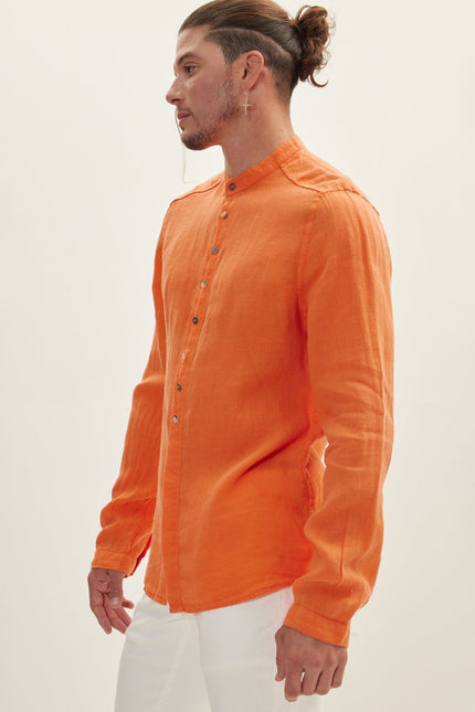 Men's Mandarin Collar Half-Placket Linen Shirt - Orange | Ron Tomson