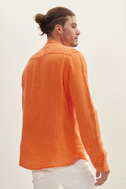 Men's Mandarin Collar Half-Placket Linen Shirt - Orange | Ron Tomson