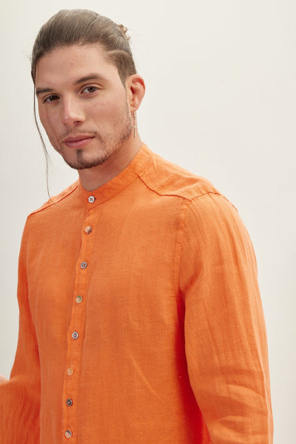 Men's Mandarin Collar Half-Placket Linen Shirt - Orange | Ron Tomson