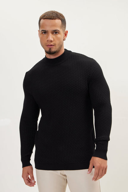 Men's Oversized Ribbed Mock-Neck Sweater - Black | Ron Tomson