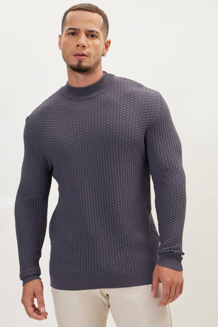 Men's Oversized Ribbed Mock-Neck Sweater - Anthracite | Ron Tomson