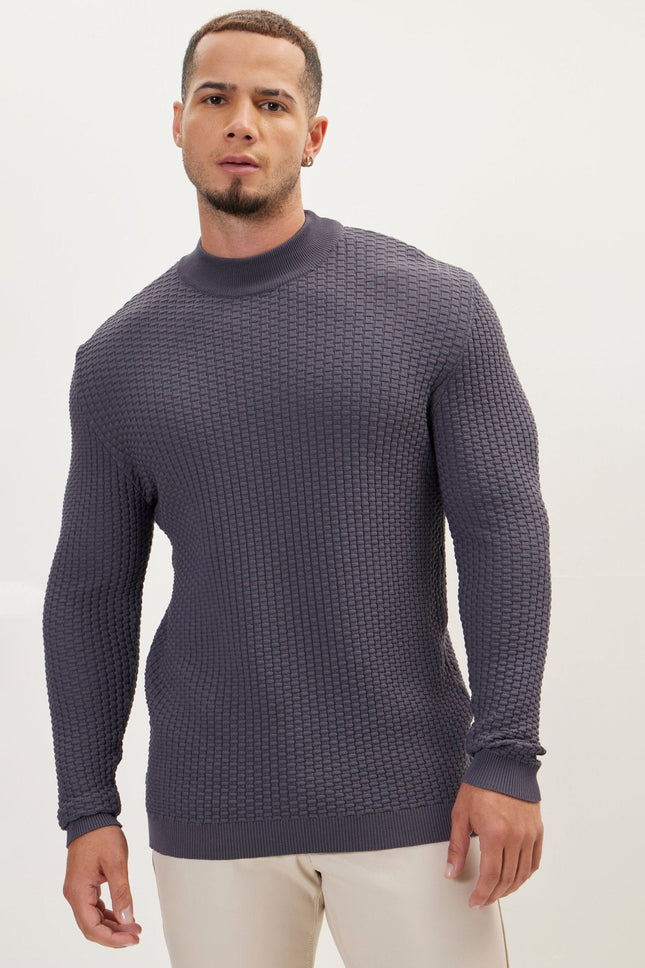 Men's Oversized Ribbed Mock-Neck Sweater - Anthracite | Ron Tomson