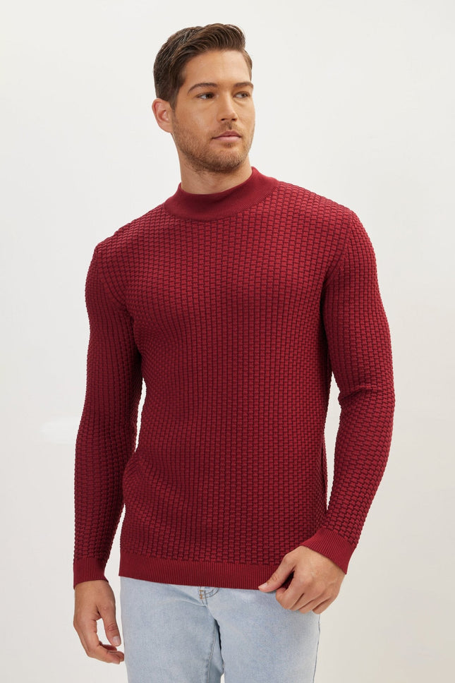 Men's Oversized Bamboo Mock-Neck Sweater - Burgundy | Ron Tomson