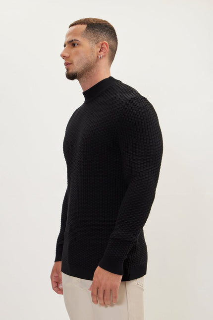 Men's Oversized Ribbed Mock-Neck Sweater - Black | Ron Tomson