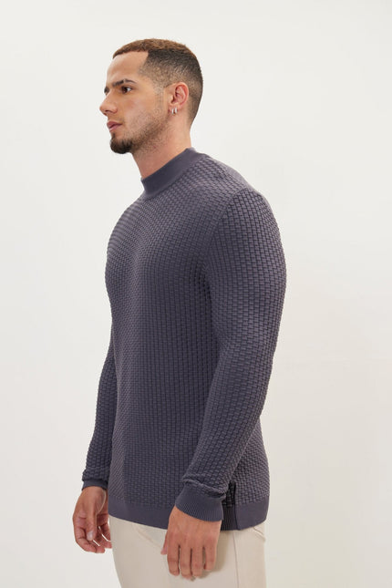 Men's Oversized Ribbed Mock-Neck Sweater - Anthracite | Ron Tomson
