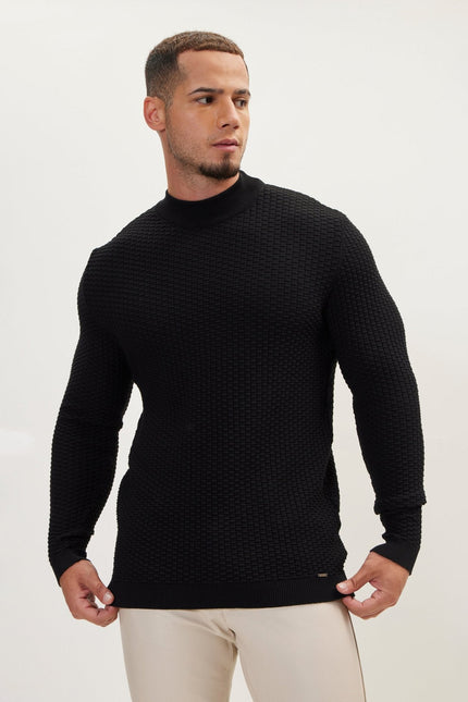Men's Oversized Ribbed Mock-Neck Sweater - Black | Ron Tomson