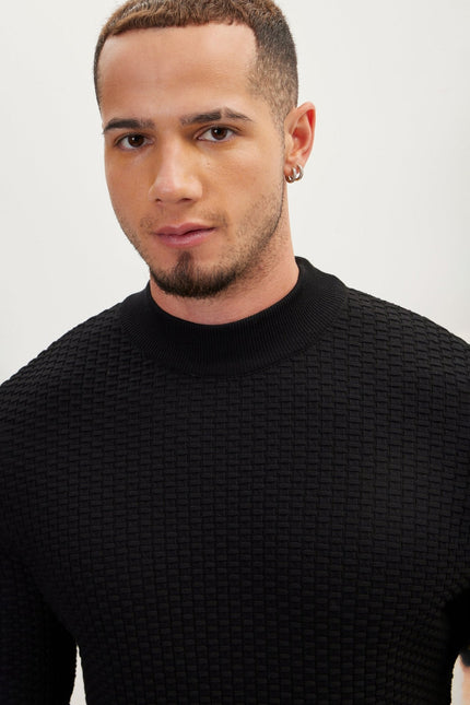 Men's Oversized Ribbed Mock-Neck Sweater - Black | Ron Tomson