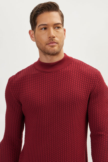 Men's Oversized Bamboo Mock-Neck Sweater - Burgundy | Ron Tomson