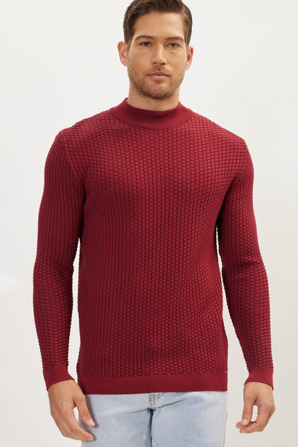 Men's Oversized Bamboo Mock-Neck Sweater - Burgundy | Ron Tomson