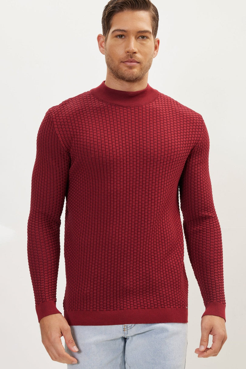 Men's Oversized Bamboo Mock-Neck Sweater - Burgundy | Ron Tomson