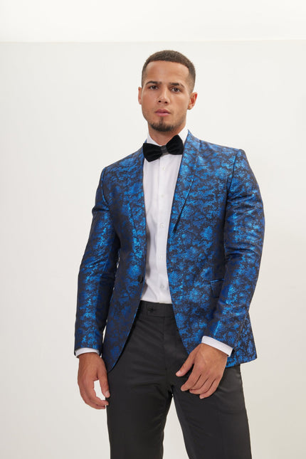 Men's Metallic Foil Shimmer Tuxedo Jacket - Cobalt Blue | Ron Tomson
