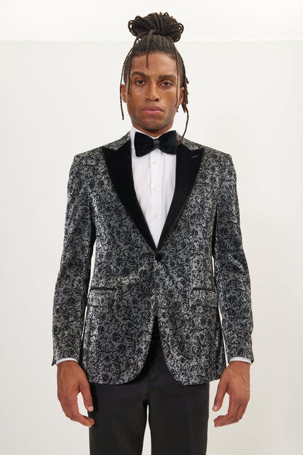 Men's Oriental Flocking Peak Lapel Tuxedo Jacket - Metallic Silver | Ron Tomson