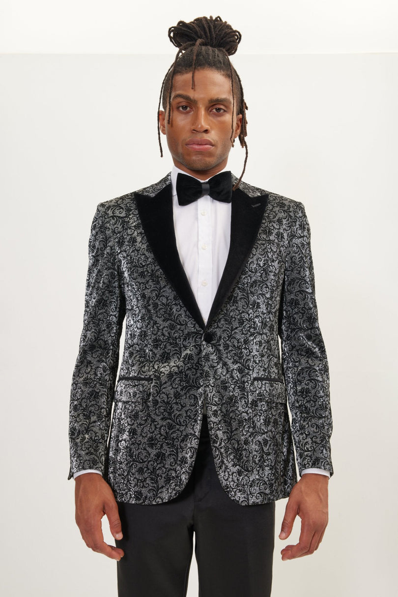 Men's Oriental Flocking Peak Lapel Tuxedo Jacket - Metallic Silver | Ron Tomson